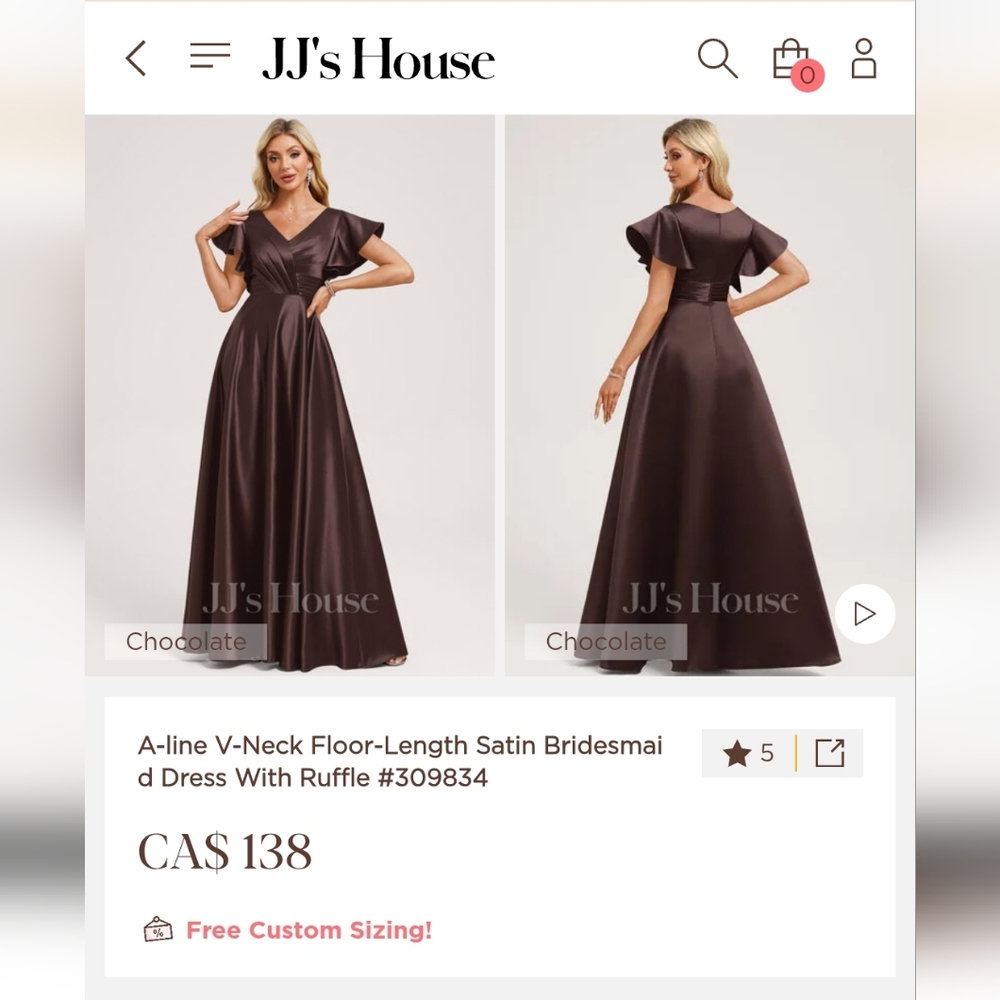 JJ's House Chocolate A-line V-Neck Floor-Length Satin Bridesmaid Dress